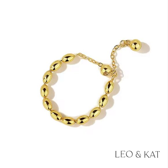 Gold Beaded Chain Adjustable Ring. 925 Sterling Silver. #1078 - Picture 1 of 4